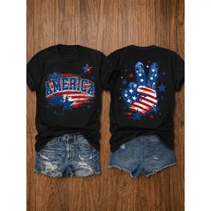 USA 250th Anniversary Independence Day American Flag Stars and Stripes Print Crew Neck T-Shirt, Summer Casual Vacation Women's Short Sleeve Top, Soft Stretch Fabric,4th of july shirts