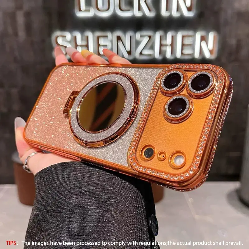 Glitter Rhinestone Phone Case with Ring Mirror Holder, 1 Count Fashion Phone Protective Cover, Phone Accessories for Smartphone iPhone 17Pro Max  Air  16 15 14 Plus 13 12 11 Pro Max, Casing