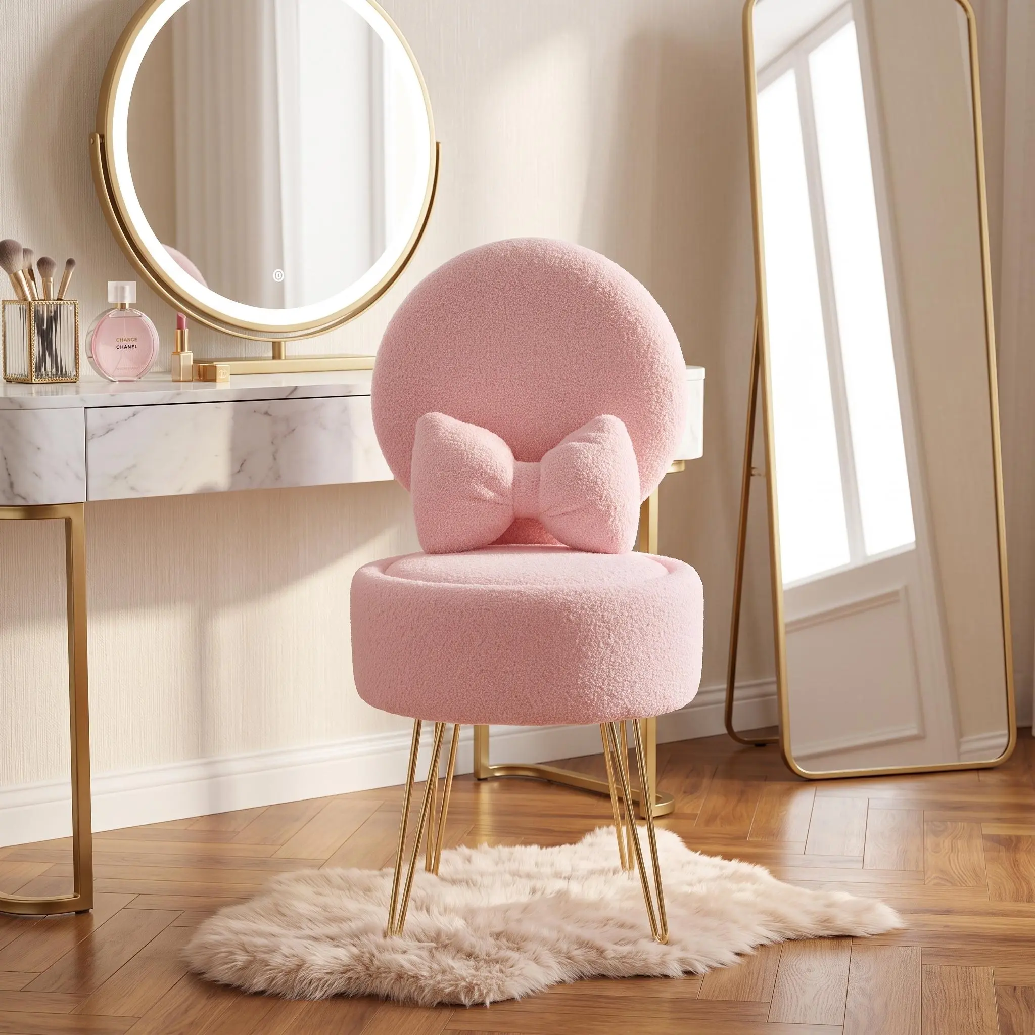 【IdealHouse】Cozy Storage Vanity Stool Chair - Sherpa Fleece Upholstery, Folding Back, Bow-Knot Pillow, Metal Legs, Padded Seat - Comfortable Ottoman for Bedroom or Dressing Table