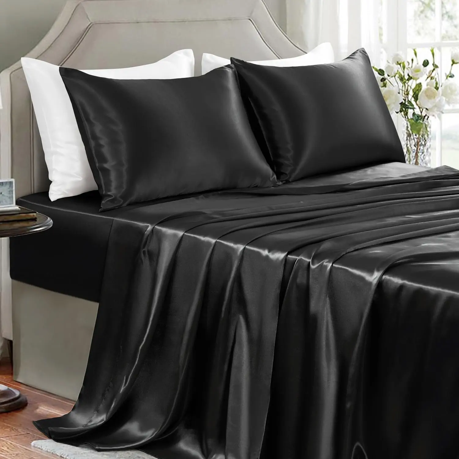 Sheets Full Size - 4 Pieces Luxury Soft Bed Sheets, Wrinkle-Free Black Silk Sheet Set with 1 Deep Fitted Sheet, 1 Flat Sheet, 2 Pillow |   OEKO-TEX Certified Wrinkle-Free Soft Sheets Friendly for Hair and Skin,Designed for Elegant Bedroom Decor
