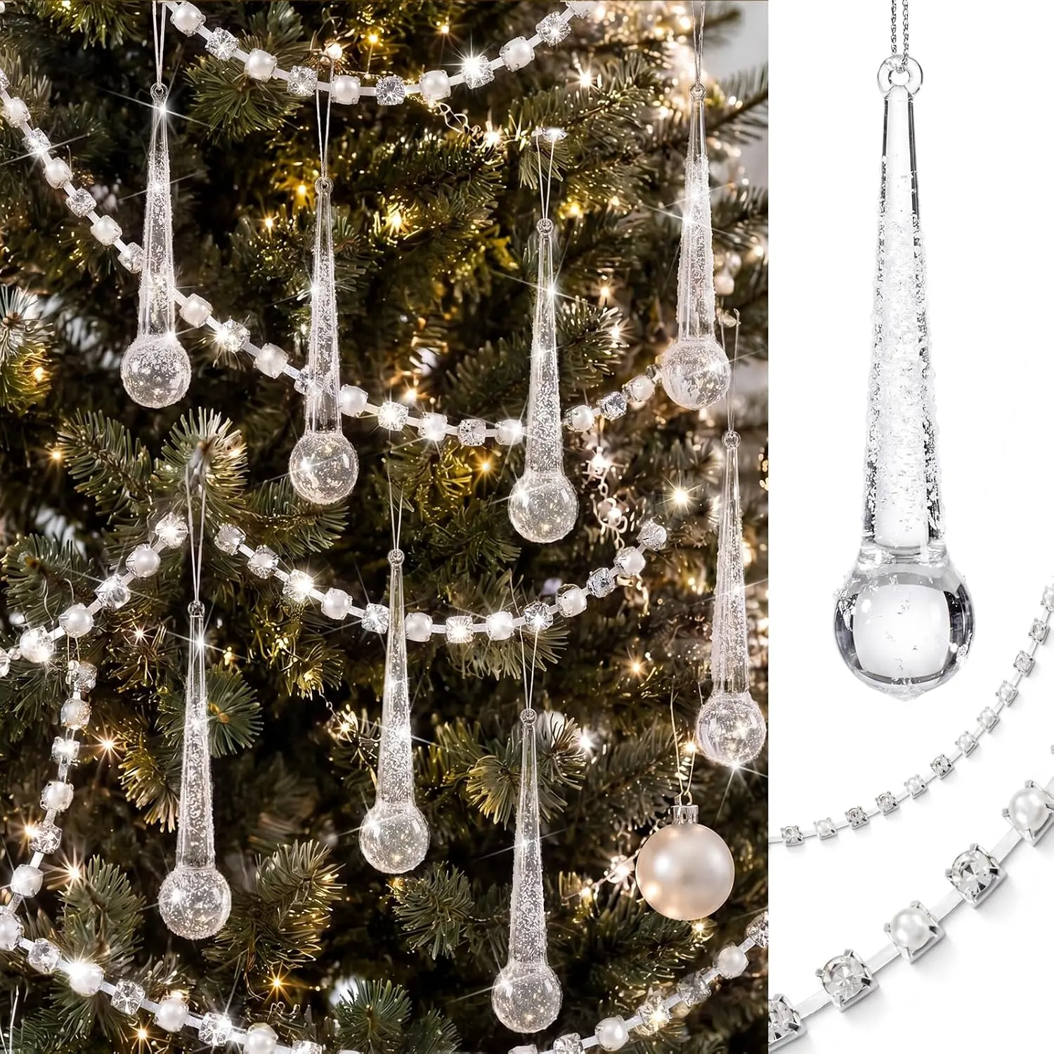 9 count 33 ft  Icicle Christmas Tree Sliver Ornaments | 4 Inch Clear Raindrop  Pendants, Sliver  Tree Garland String, for Christmas Wedding Party Decoration
