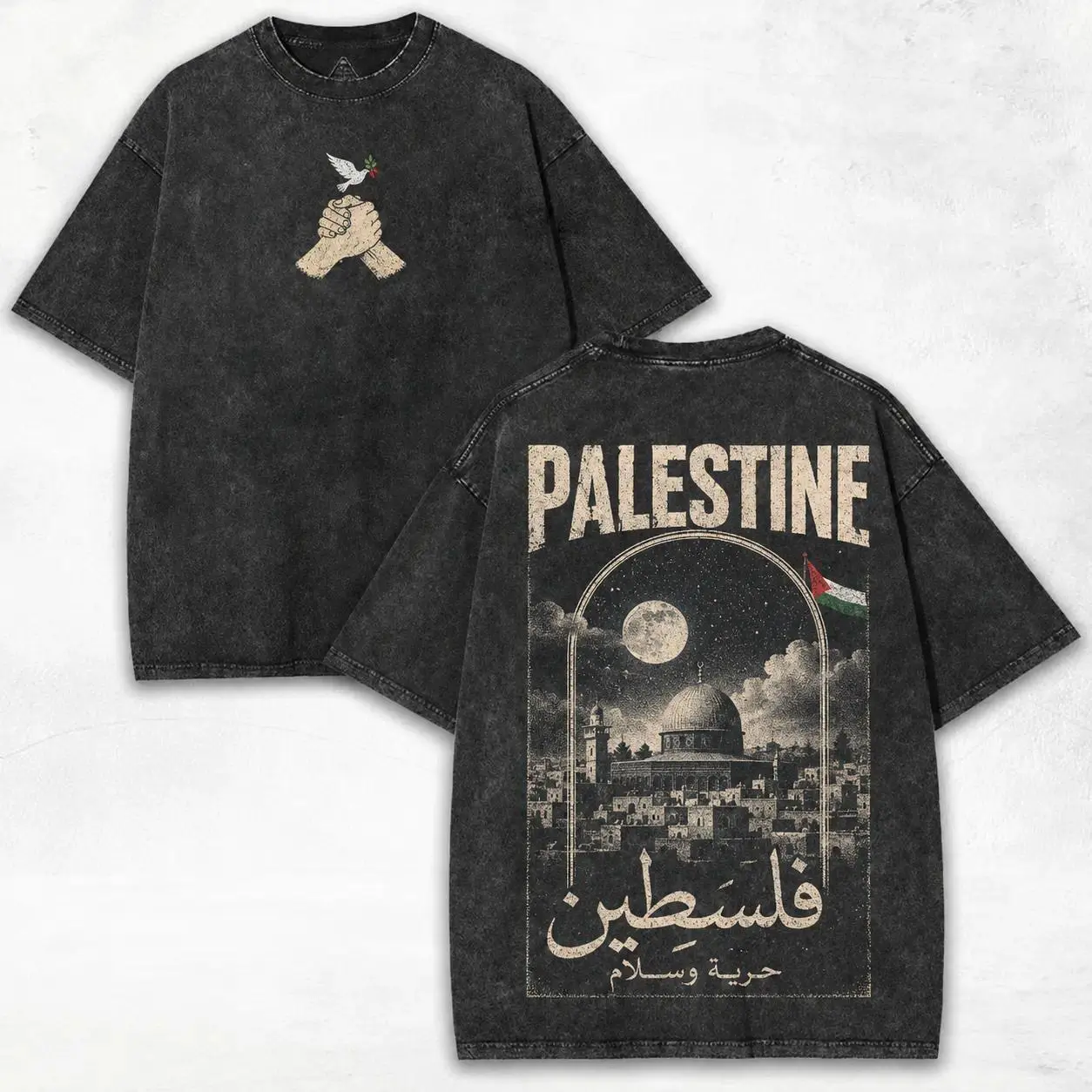 Men's Vintage Oversized Short-Sleeve T-Shirt - Distressed Dome of the Rock Graphic Print, Washed Black, Palestine Theme, Casual Streetwear, Festive, All Seasons, Multi-Size, Hand Wash Only, Tshirt, Distressed Print