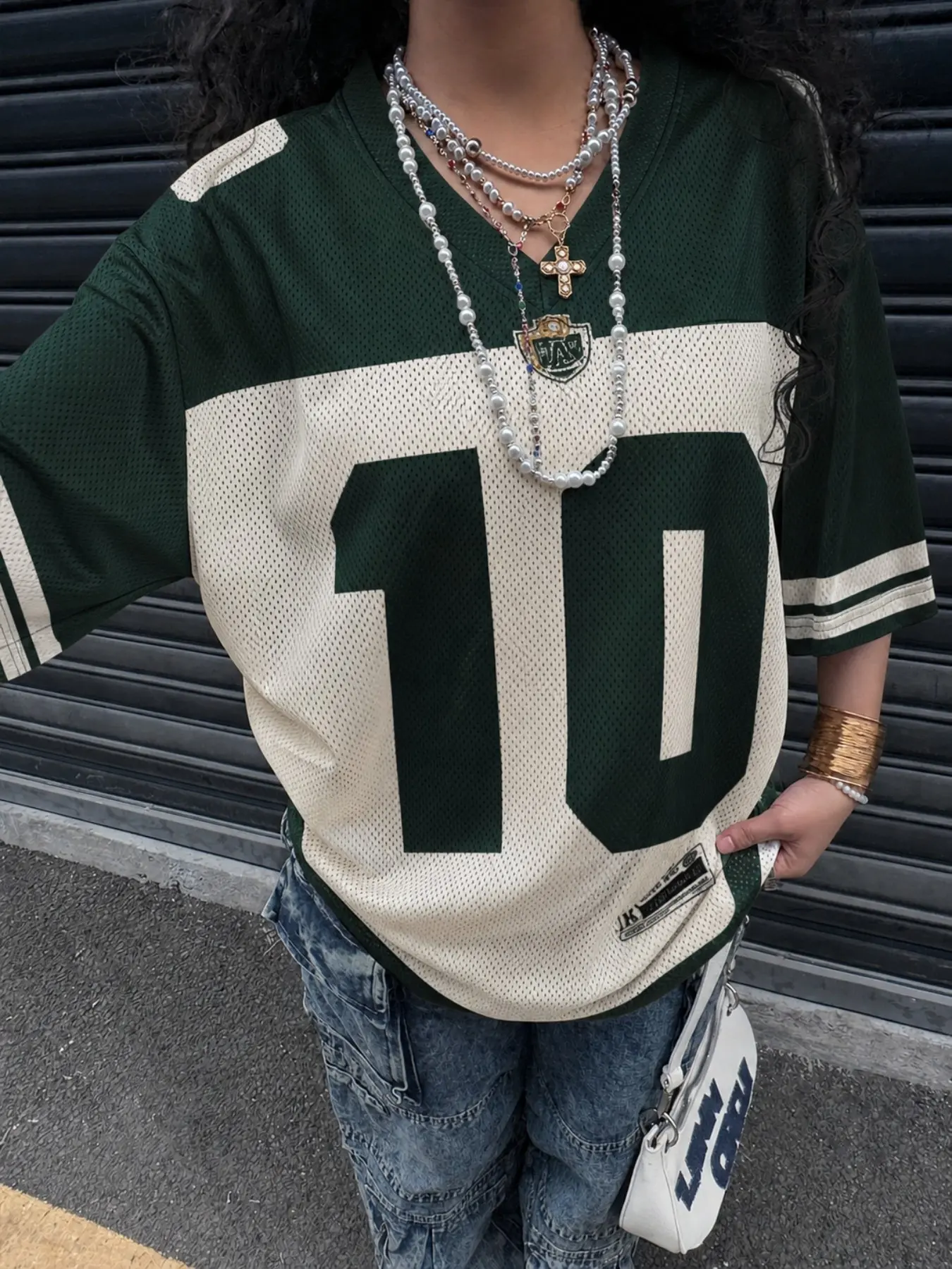 Women's Dark Green Beige Color Block Big Number 10 Embroidery Mesh V Neck Jersey T-Shirt, Loose Oversized Breathable Mesh Sport Short Sleeve Top
