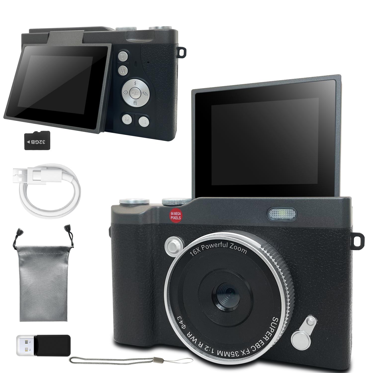 180° Degree Flip Cover, 1080P Pixel Fashion Retro Style, Multiple Filters Included, Comes with Storage Bag & 32GB Memory Card Reader, Electronic Portable Camera