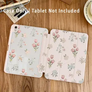 1PC Vintage Pink Tulip Floral Pattern Tablet Case, Auto Wake/Sleep Y-Shaped Trifold Stand Protective Shell With Pencil Holder, Compatible With iPad Pro 11"/Air 11"/13" M3/10th/9th/8th/7th Gen/Air 4/5/10.9"/10.2"/9.7"