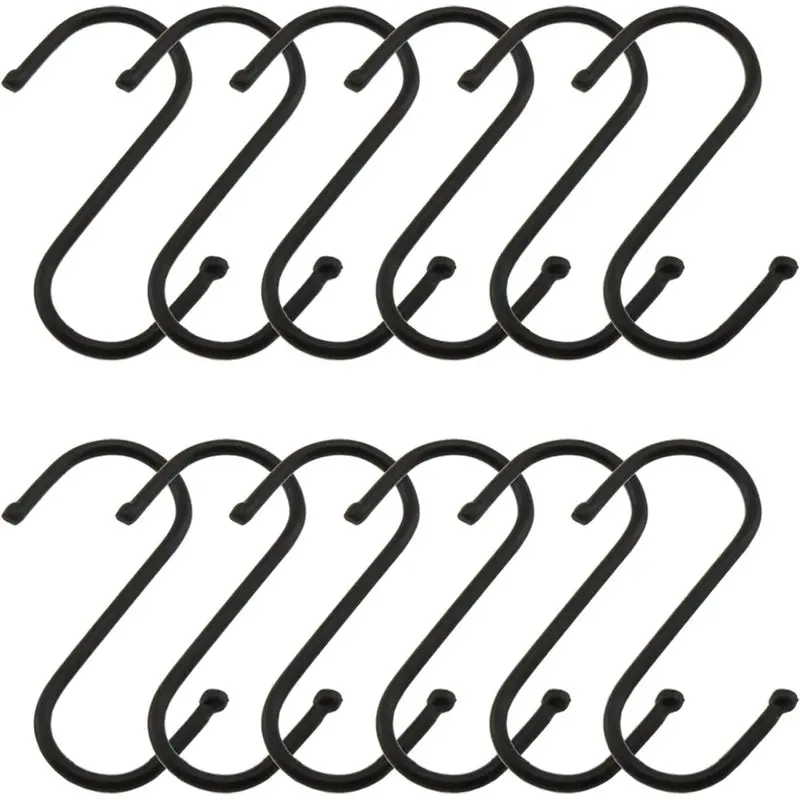 12 Pack Black Stainless Steel S Hooks, 2.7-Inch Heavy Duty S-Shaped Hangers for Pots, Pans, Plants, Utensils, Towels and Closet Storage
