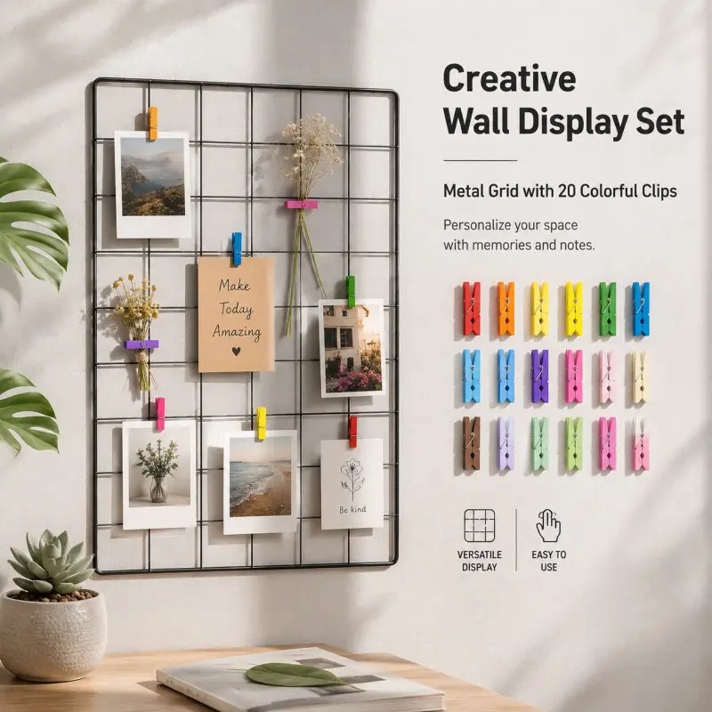 Metal grid photo wall set with 20 colorful clips. DIY hanging board for home decoration.