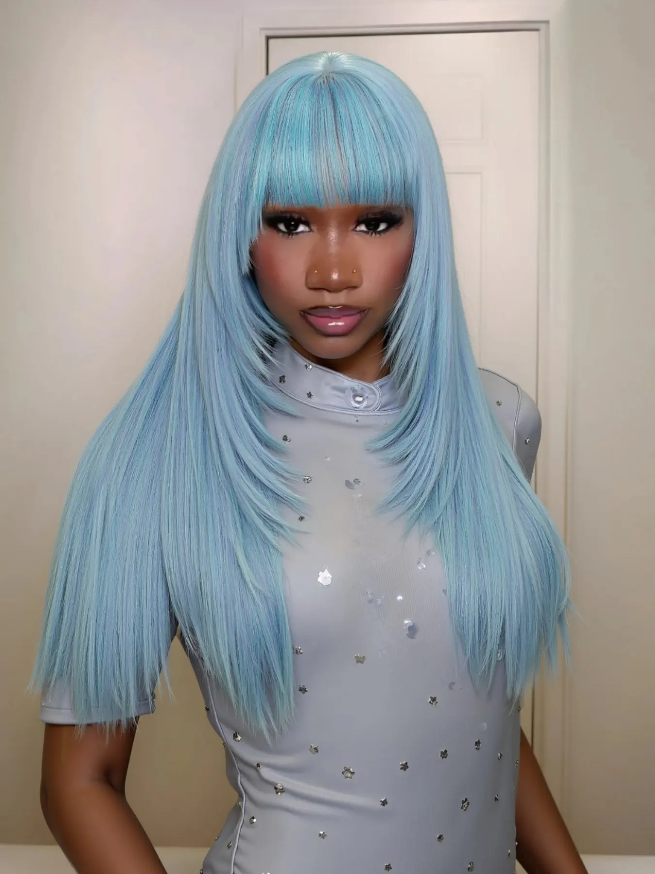 Blue Layered Wigs with Bangs 26 Inch, Mermaid Blue Glueless Straight Synthetic Bob Wigs, Realistic Scalp for Daily Cosplay Use