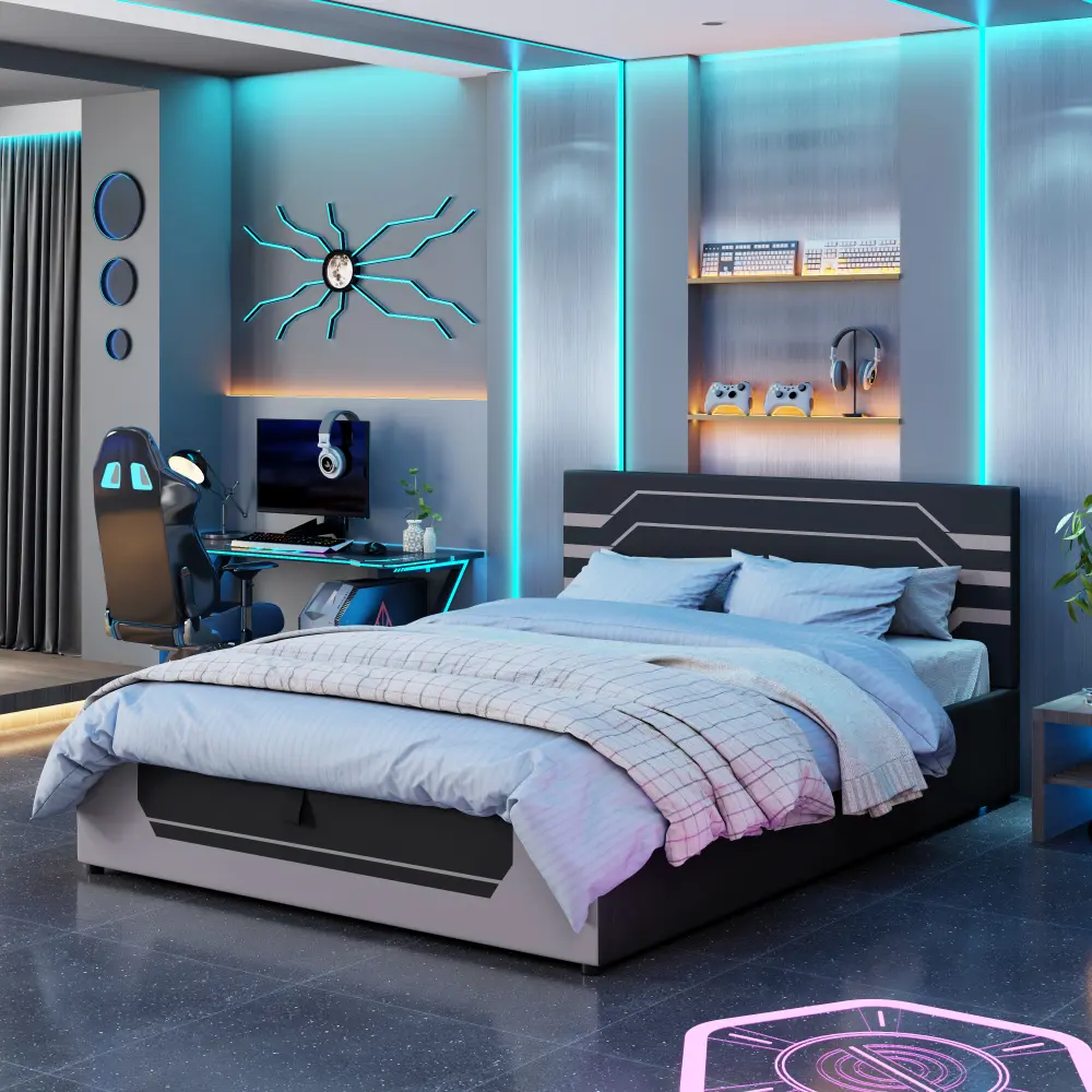 Gaming Bed Frame with Hydraulic Storage, Queen Platform Bed with Cyberpunk Design Upholstered Headboard, Modern Esports Style Bed Frame for Gamers and Teens, Large Under Bed Storage Black Gray/Purple/Red