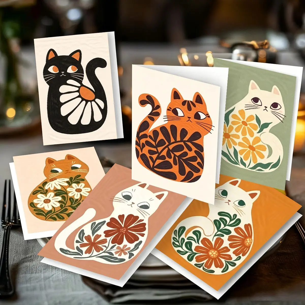 12 Bohemian Style Cat Art Postcards with Envelopes, Vibrant Floral and Feline Patterns with Unique Touch, Perfect for All Occasions, Ideal Memorable Gifts for Friends and Teachers