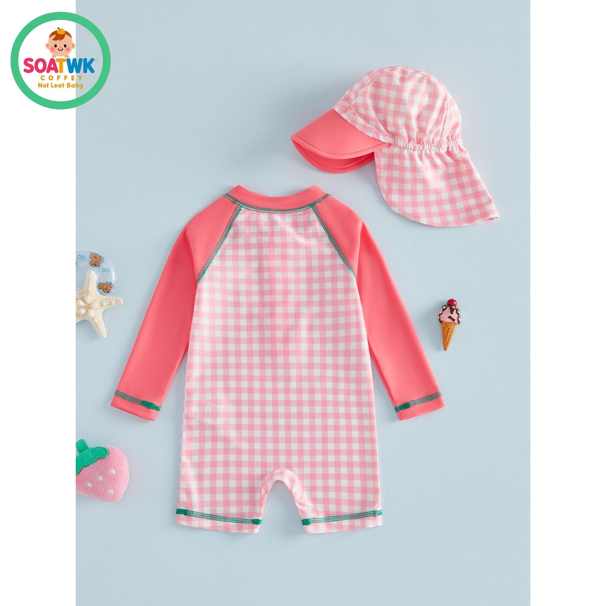 Toddler Girls Rash Guard Swimsuit Playsuits Strawberry Embroidery Plaid Print Long Sleeve Baby Bathing Suit with Sun Hat