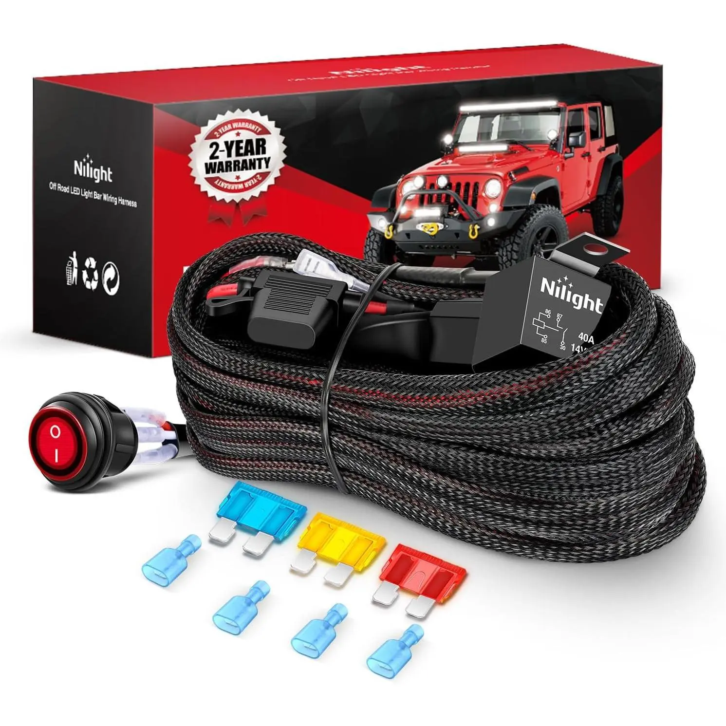 Nilight Nylon Wiring Harness Kit - 14 AWG, 2 Leads, 12V Rocker On/Off Control Switch, Relay+Fuse, for Cars LED Lighting, Off-Road Lights