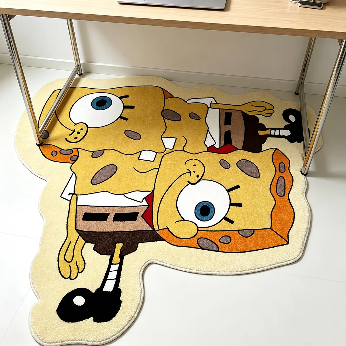 Double-Sided Spongebob Squarepants Plush Rug, Classic Cartoon Cream Wood Bedroom Bed End Decor Mat, Fun Living Room Window Side Relaxation Carpet