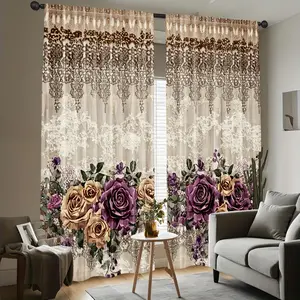 2-piece curtain set suitable for kitchen, living room, bedroom - Printed roller blinds with elegant plant patterns, modern minimalist style, decorative curtains