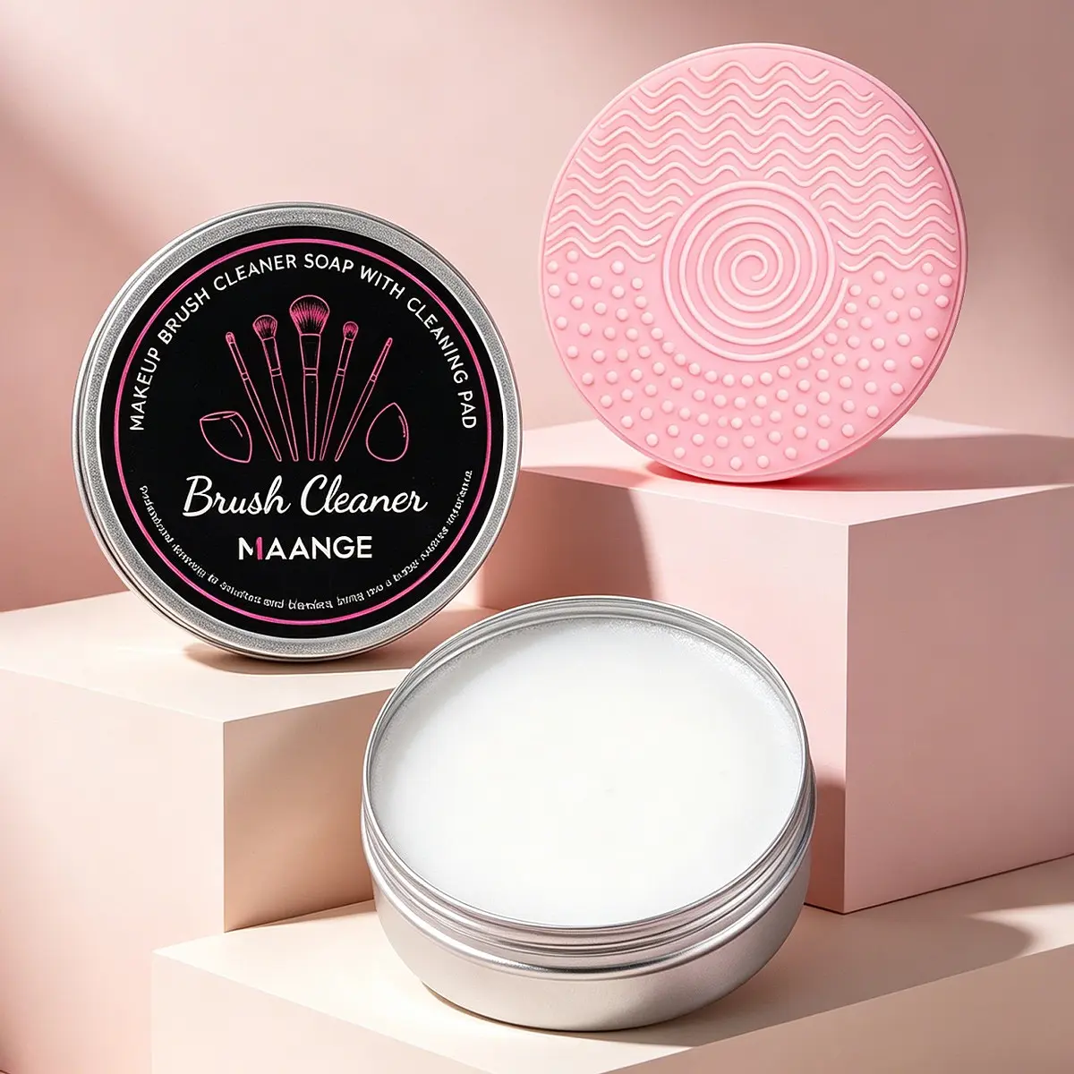 Maange Solid Form Makeup Brush Cleansing Soap with Cleaning Pad, 100g, Non-Flammable Liquid, No Ca Prop 65, Makeup Tool Cleaner
