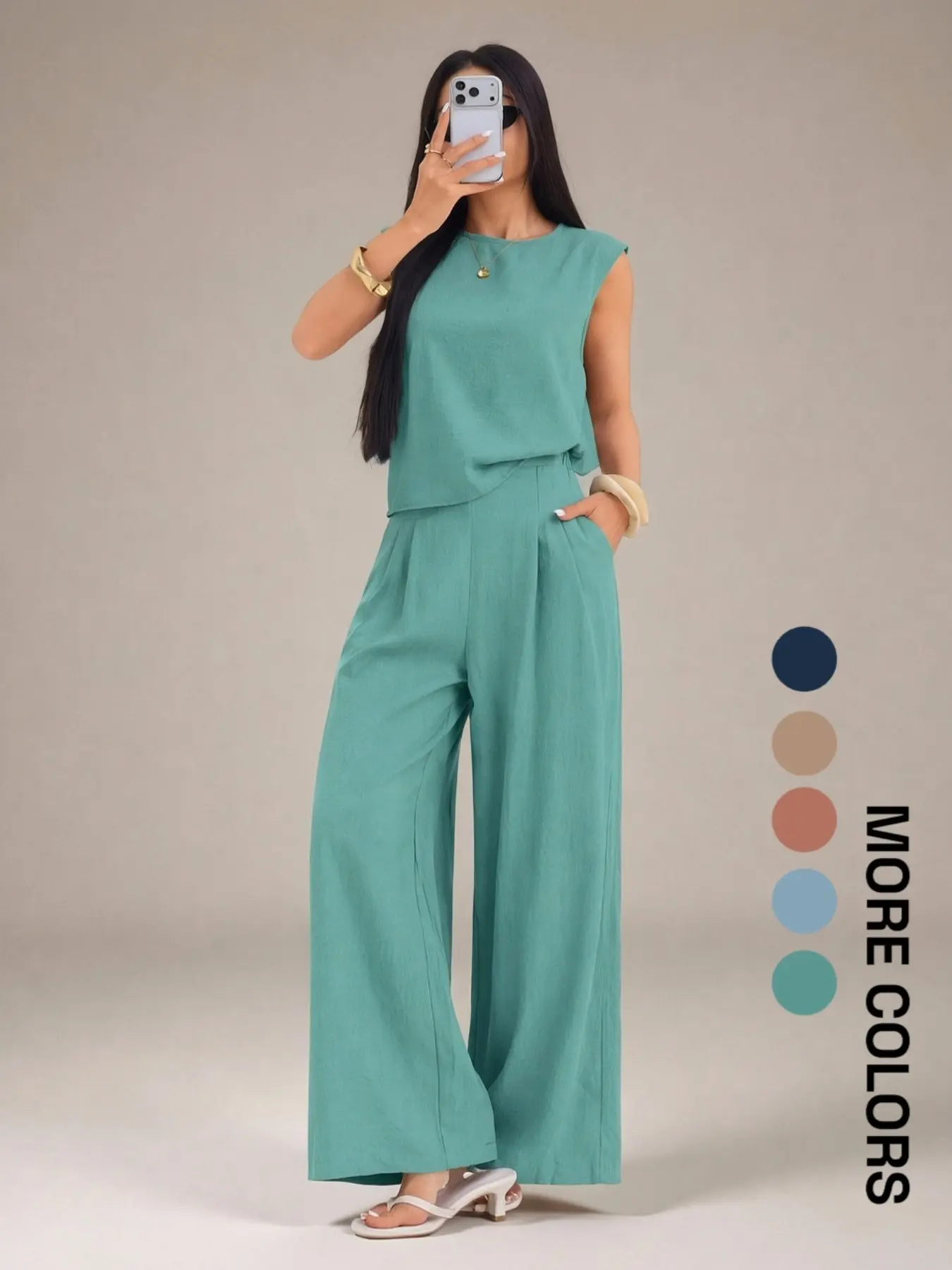 Women's Four-Season Plain Round Neck Top and Pleated Wide Leg Casual Two-Piece Set, Comfortable and Stylish for Daily Wear