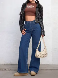Women's Casual Bell Bottom Jeans, Comfortable Fashion Design, All-Season Wear, Button Fly Closure, Plain Pattern, Unlined