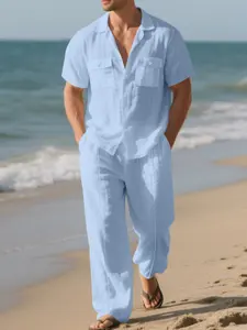 Cross-Border Summer Linen Plain Loose Beach Men's Casual Simple Workwear Short Sleeve Shirt Long Pants Set, Comfortable and Stylish