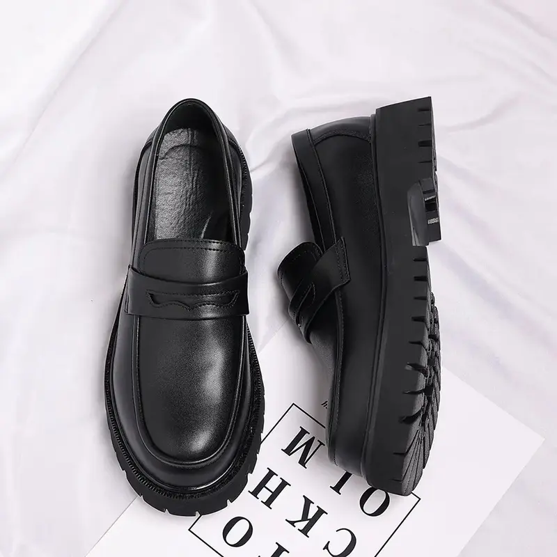 New Men's Leather Casual Shoes Platform Chunky Slip-On Penny Loafers Classic Round Toe Lug Sole Business Casual Formal Work Shoes for Men Dailly Wear