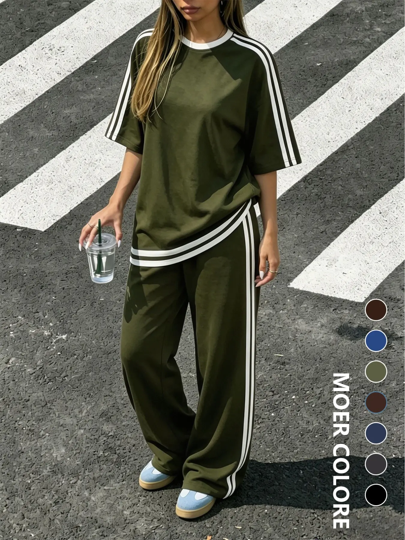 Women's Casual Aesthetic T-Shirt and Pants Set, Plain Round Neck Short Sleeve Top, Striped Long Pants, Four Seasons Fashion, Slit