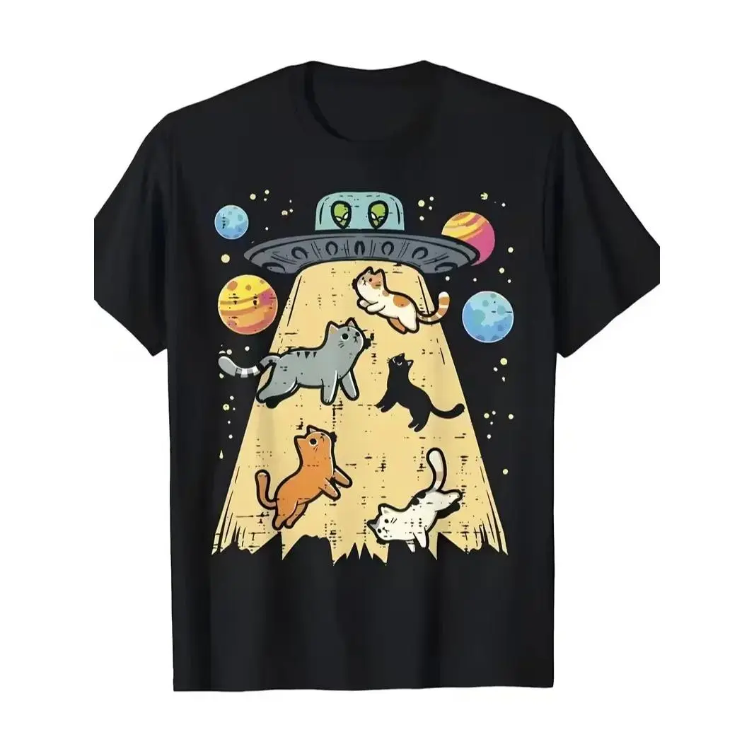 Retro UFO Cat Abduction Unisex Short-Sleeve Round Neck Graphic Tee, Colorful Planet Alien Sci-Fi Casual Regular Cut Sports Top, Shortsleeve, Graphic Tees