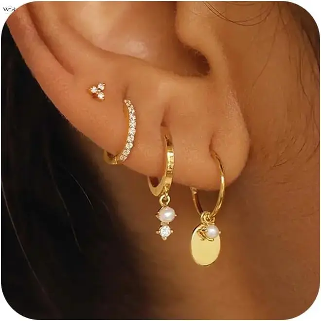 4 Pairs Stackable Mini Hoop Earring Set 13mm Huggie Hoops CZ Pearl Disc Charms Gold Silver Tone Multi-Piercing Delicate Layering Ear Jewelry Daily Minimalist Women Ear Stack Gift,Acrylic,Personalized