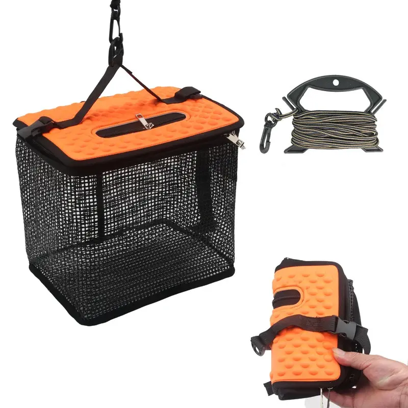 2 Sizes Fish Basket Floating Mesh Trap Collapsible Keeper For Shore Kayak Wading Packs Flat Quick Dry Easy Access