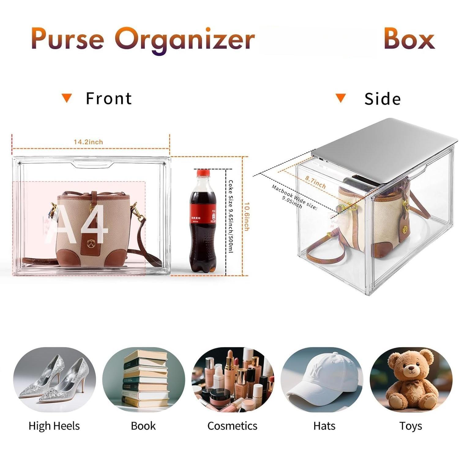 3Pack Clear Plastic Handbag Storage Organizer for Closet,  Display Case for Handbag and Purse, Purse Organizer for Closet with  Door for Book, Toys, Hat