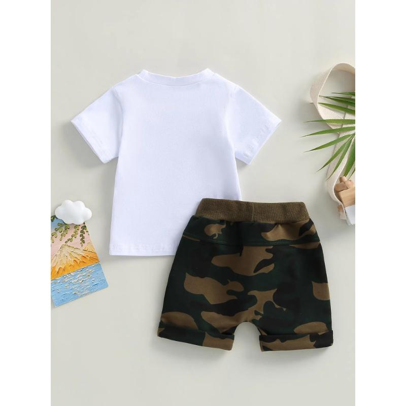 Shorts set for boys aged 0-3 years, short-sleeved letter-printed T-shirt paired with camouflage shorts, summer outdoor clothing