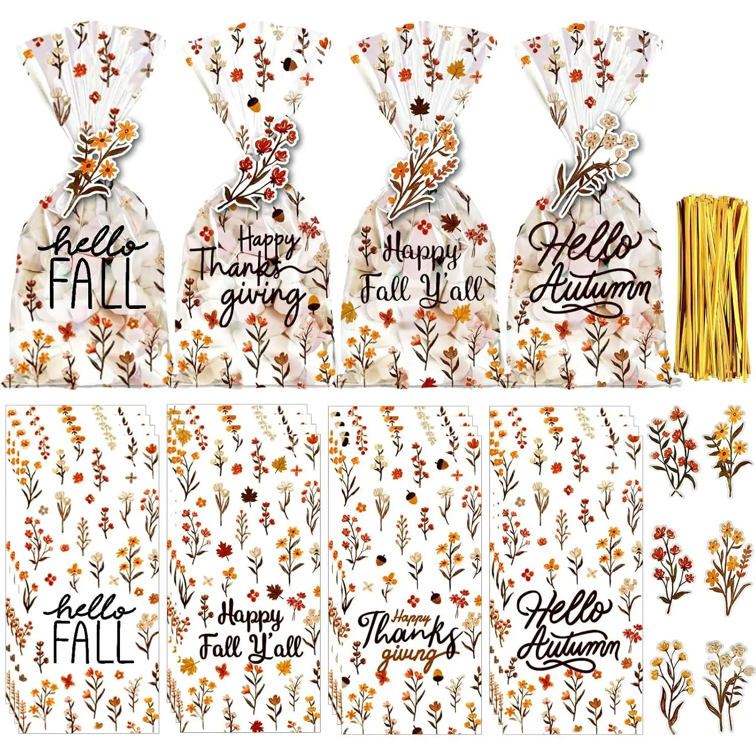 120 count Fall Cellophane  Bags Thanksgiving Cello Candy Bags | Floral Clear Cello Goodie Cookies Bags with 6  Wildflower Tags Twist Ties for Fall Autumn Gifts Party Favors Supplies