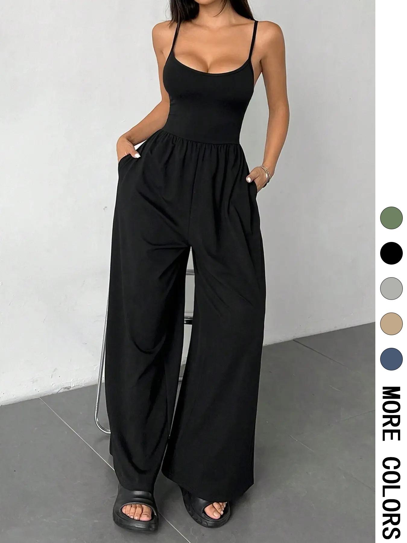 Women's Solid Color Cami Jumpsuit, Casual Comfy Wide Leg Jumpsuit for Summer, Women's Jumpsuit for Daily Wear
