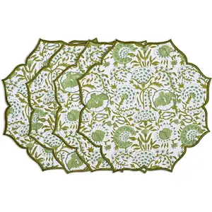 Agate Green Hand Block Print Cotton Placemat 15x15 Set of 4 Handmade Double Layered, Machine Washable, Flower Scalloped, Embroidered Table Mats, Gift for Spring, Mother's Day