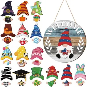 4th of July Gnome Decor Interchangeable Welcome Sign For Home Wooden Gnome Sign With Detachable Gnome Hats Magnet Wall Hanging For Home Door Graden Porch Independence Day Summer Party, Holiday Gnomes For All Season, Housewarming Gift