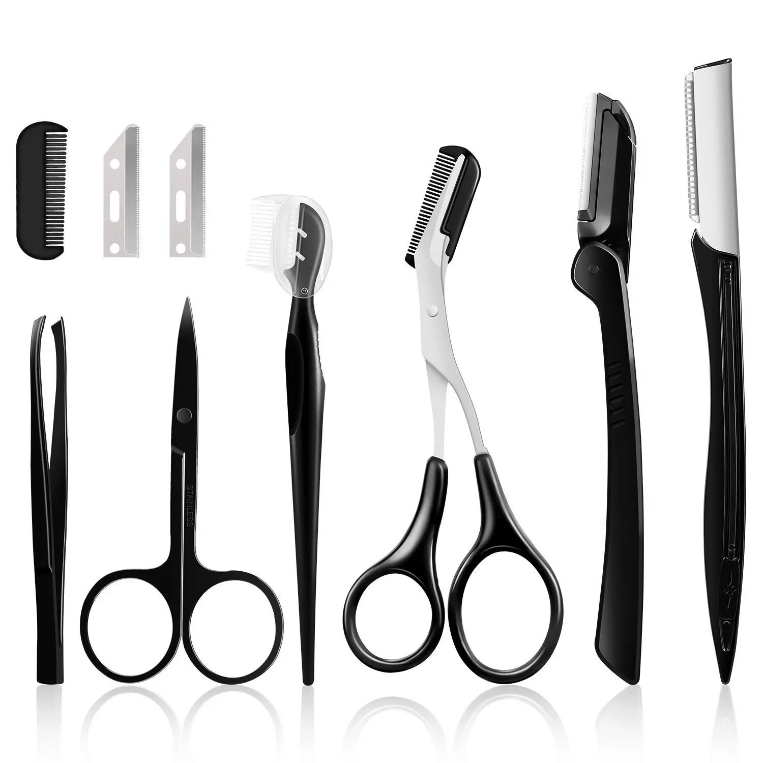 Professional 9-in-1 Eyebrow Grooming Kit for Women, Dermaplaning Tool for Face Care, Cosmetic Set with Razors, Tweezers & Scissors