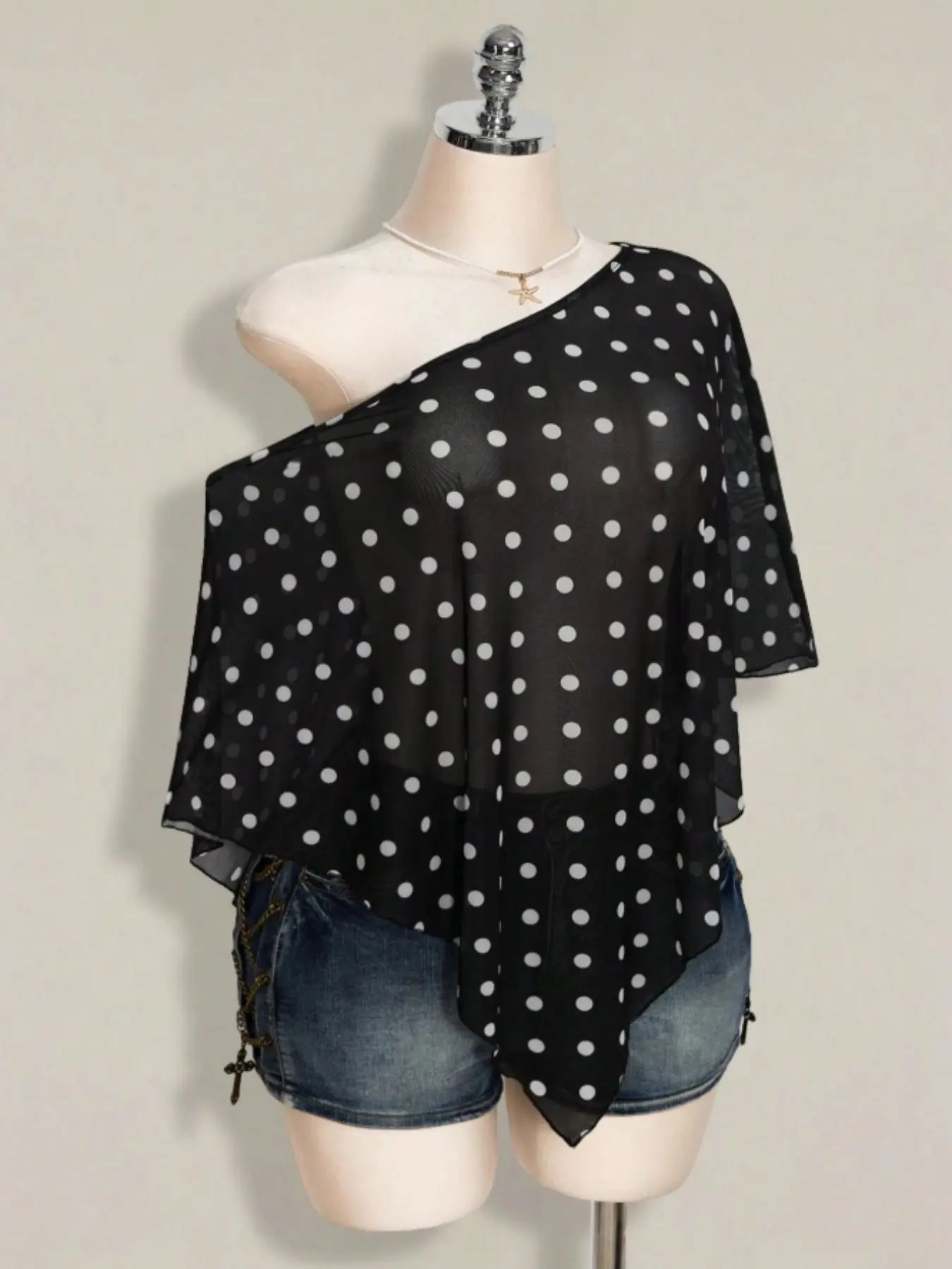 Plus Size Summer Retro Polka Dot Off-Shoulder Chiffon Top, Lightweight Flowy Sexy Versatile Vacation Style Shirt