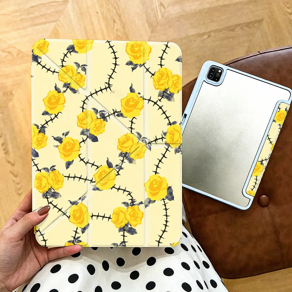 Yellow Rose and Barbed Wire iPad Case， Aesthetic Grunge Style， iPad Case for iPad Pro 13 M4 2024 iPad Air6 M2 2024 iPad Pro 12.9 2022 iPad Pro 11 2022 iPad Air5 2022 iPad Mini6 2021， Elegant Floral Gift