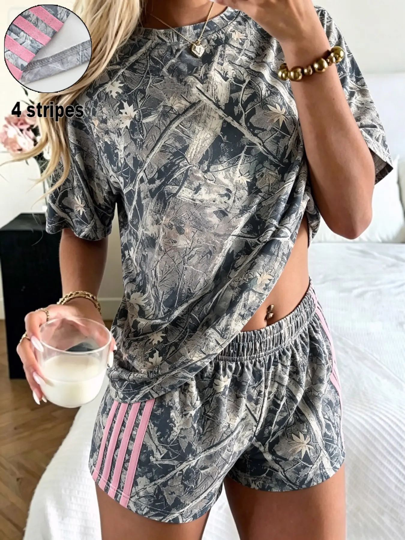 Trendy Maple Leaf Camo Set, Round Neck Top + Elastic Waist Short Pants, Casual Sportswear, Slim Fit, Regular Length, Short Sleeve