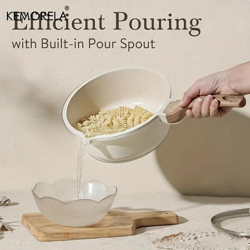 1Count Non-Stick Saucepan Set with Lid - Induction Compatible, PFOA-Free, Easy to Clean, Pour Spout, Light Beige with Wooden Handles, Ideal for Small Kitchen Cooking, Kitchen Essentials|Minimalist Kitchenware|Durable Cookware, Induction Cookware Sets