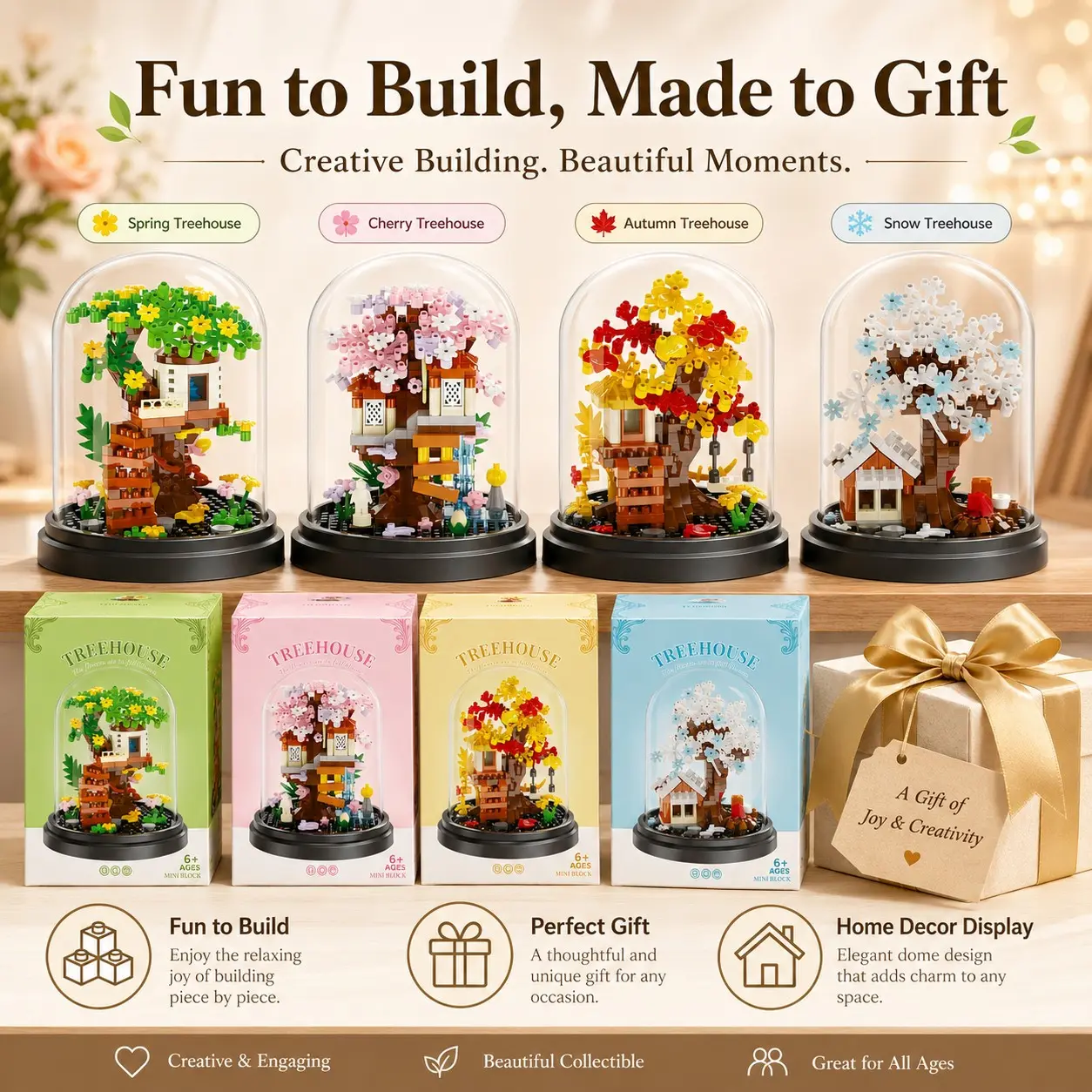 1 Set Mini Treehouse Building Block Kit, Home Decor, Clear Dome Display Case, Micro Block Assembly, Cute Collectible Decoration, Relaxing Build Experience, Gift for Room Decor, Desktop, Bookshelf, Collectible Construction Set