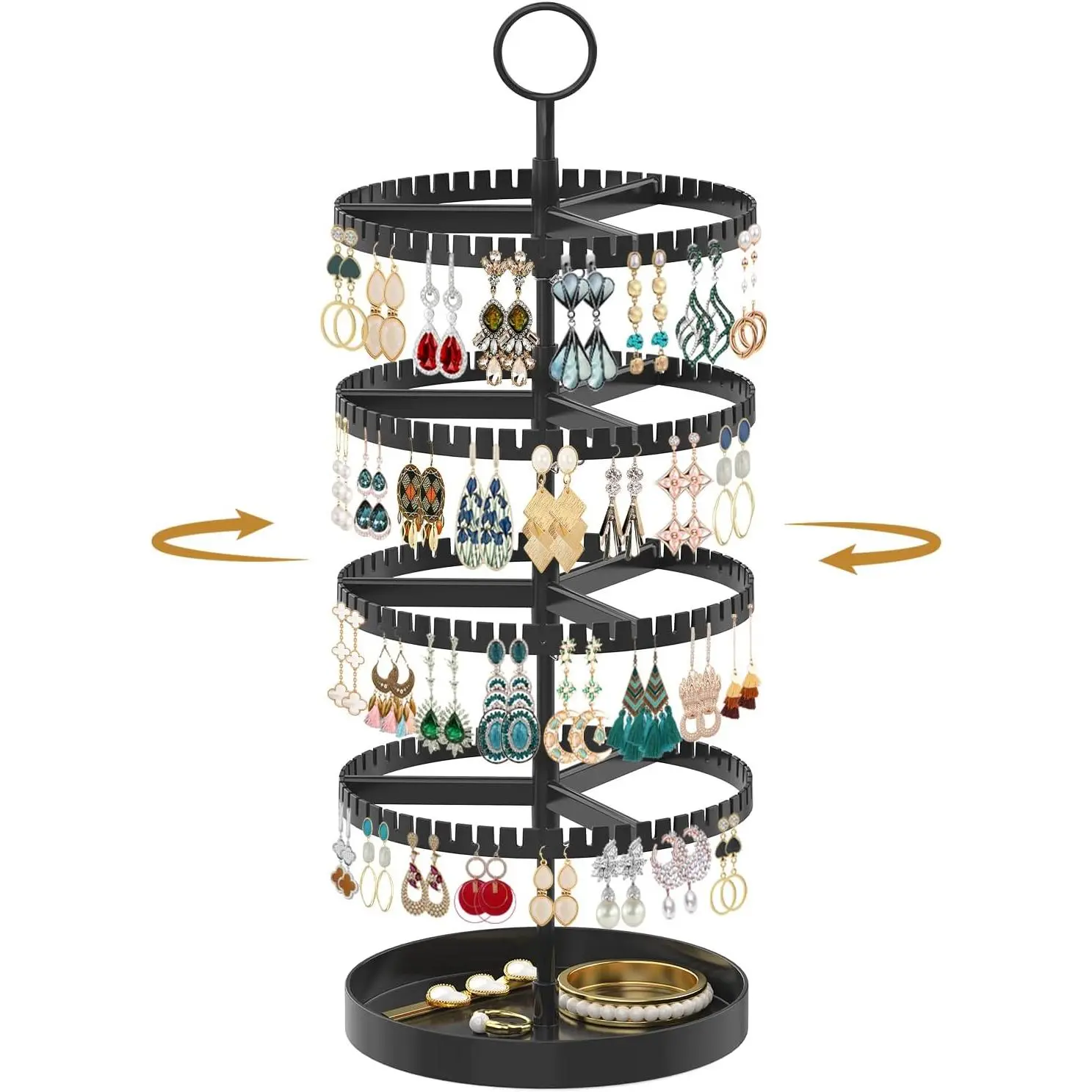 Jet Black Multi-Tier Rotating Earring Holder Organizer Tree Display Stand, 4-Tier Plastic Hanger with 228 Adjustable Slots, Metal Tray for Studs/Pierced Hoops, Women's Large Capacity Space-Saving Home Organizer