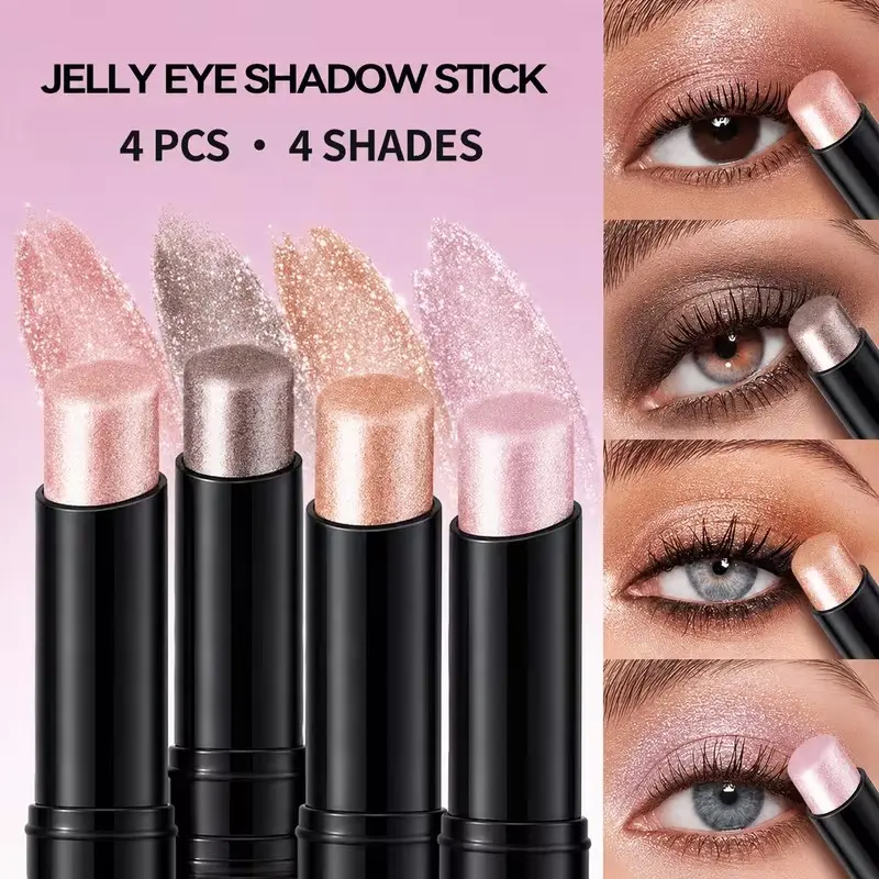 4-color jelly shimmer eyeshadow stick set, super pigmented and easy to layer, with a shiny metallic finish. Can also double as blush, lipstick, eyeliner, or highlighter to brighten your face and body, showing off your unique charm,Great for parties 、gifts