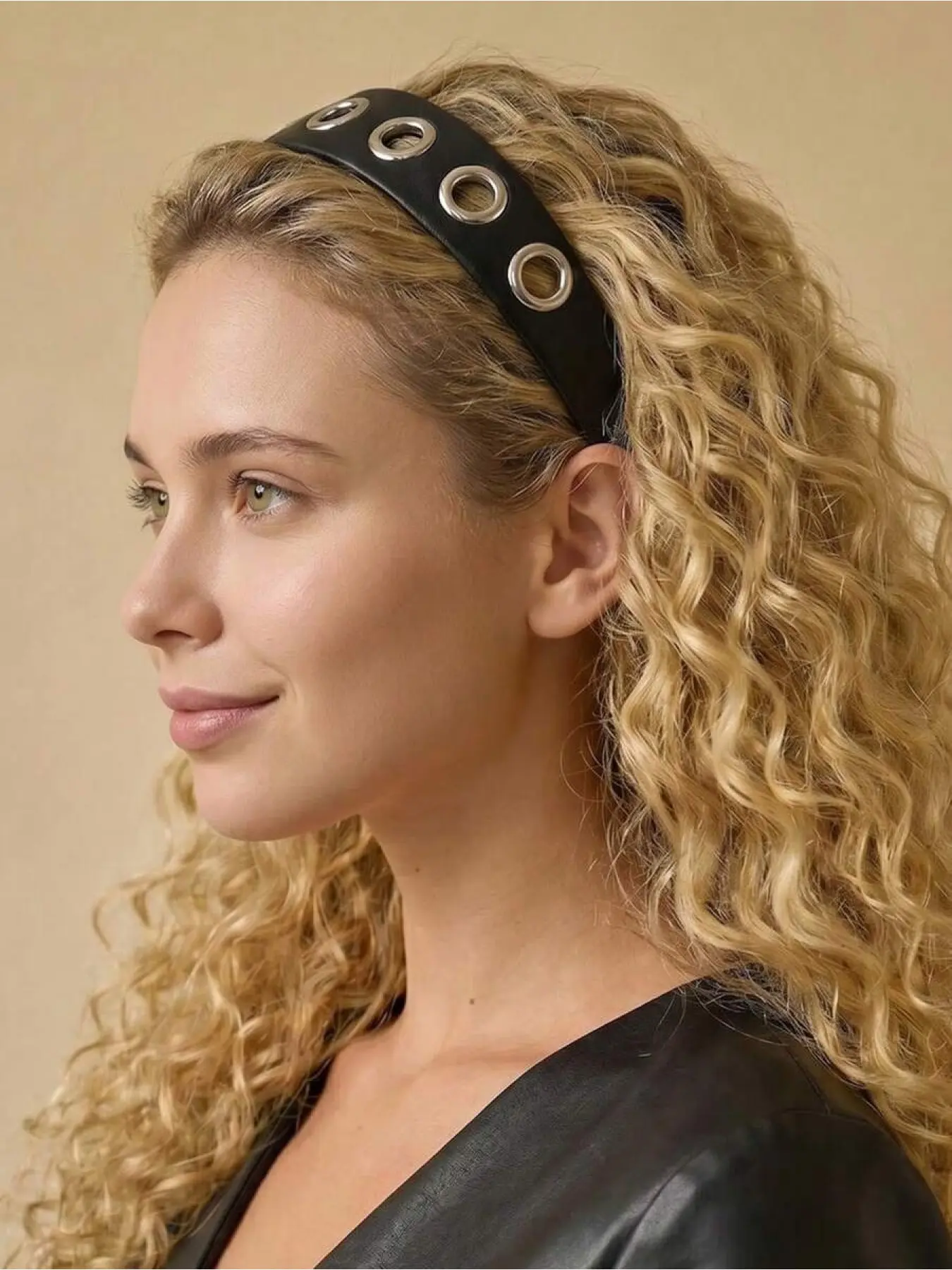 1pc Grommet Headband Punk Streetwear Style Black Vintage Leather Metal Eyelet Non-Slip Wide Hair Hoop for Fashion Women Rock Party & Music Festival