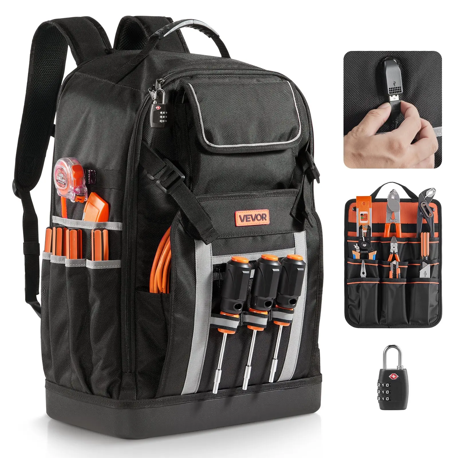 【DealsForYouDays】VEVOR Heavy-Duty Ballistic Nylon Tool Backpack with Lock, 56 Pockets, Molded Base, Top Handle, Removable Divider, Backpack Straps, Jobsite Carry for Construction Techs, Wrench Drill Storage Organizer, Inches