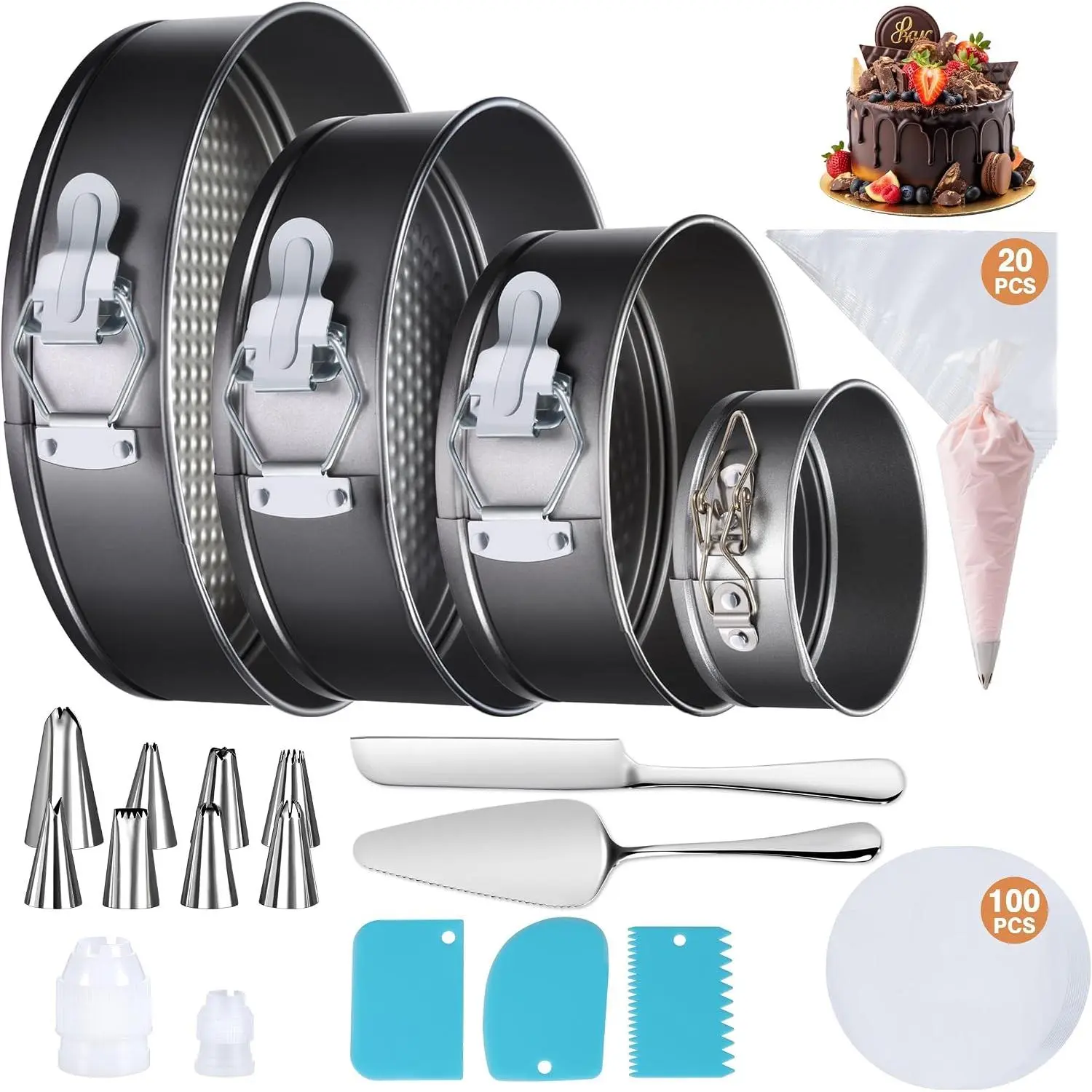 139PCS Springform Cake Pan Set - 4 Non-stick Cheesecake Pans(4/7/9/10-Inch) + Cake Decorating Supplies: Parchment Paper, Pastry Bags and Tips, Icing Scrapers, Cake Cutting Set & More