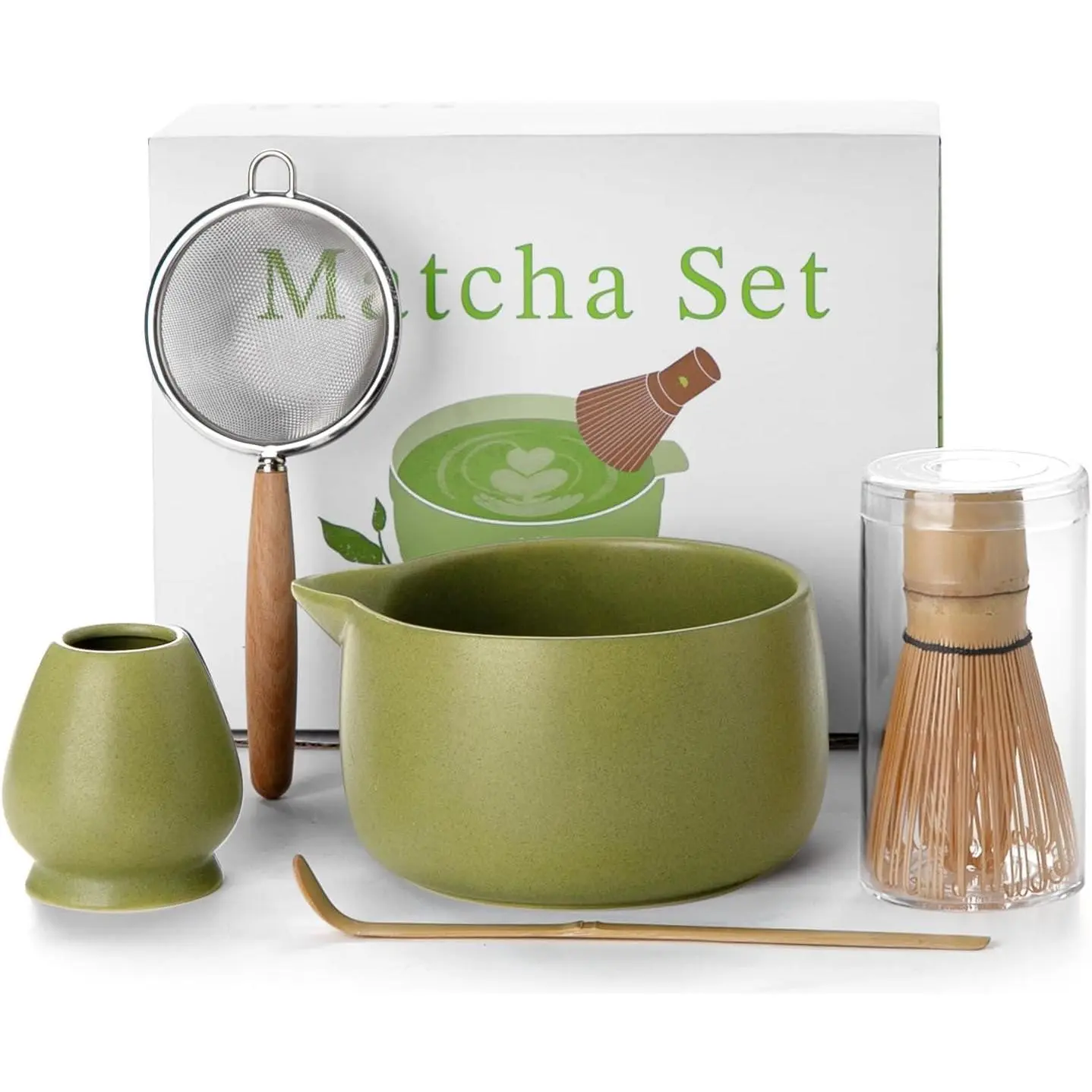 20OZ Matcha Whisk Set - 5 count   Set Includes Matcha Bowl with Spout,  Whisk with Ceramic Holder,  Scoop and Sifter, Matcha Kit for Ceremony,  for Matcha Lovers (Matcha Green)