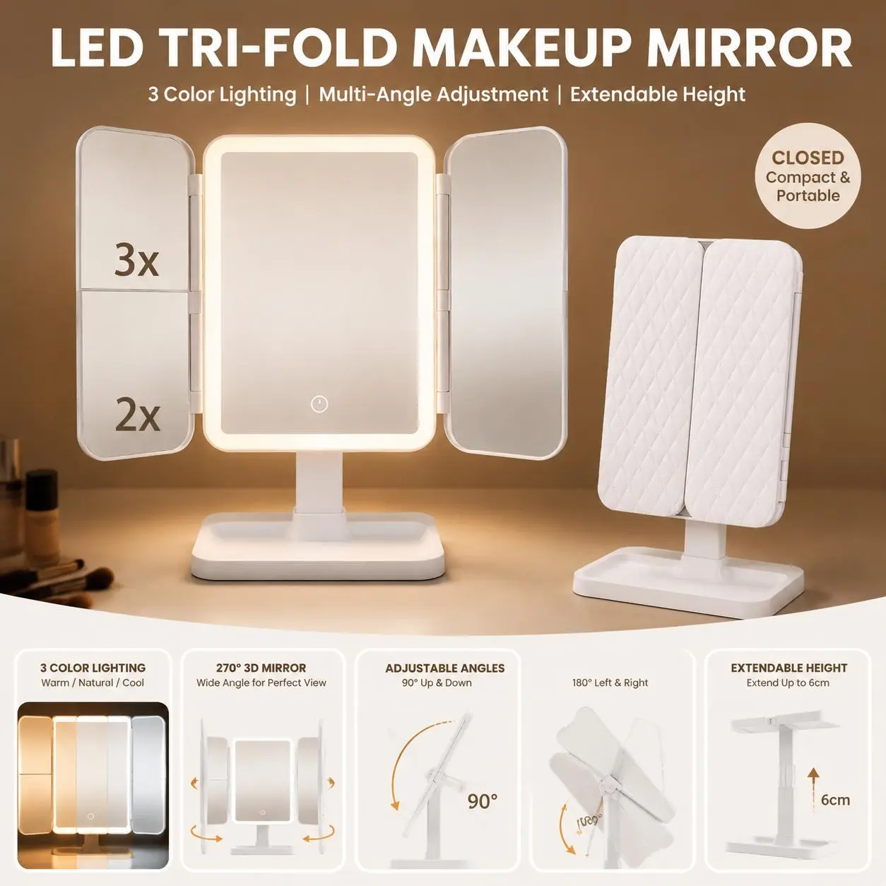 3X/2X/1X Magnifying LED Trifold Makeup Mirror, 270° Rotatable Lighted Vanity Mirror with 3 Color Dimmable Lights, Height Extendable Foldable Portable Travel Makeup Mirror, Perfect Holiday Gift for Makeup Lovers，Must Have Makeup Gift
