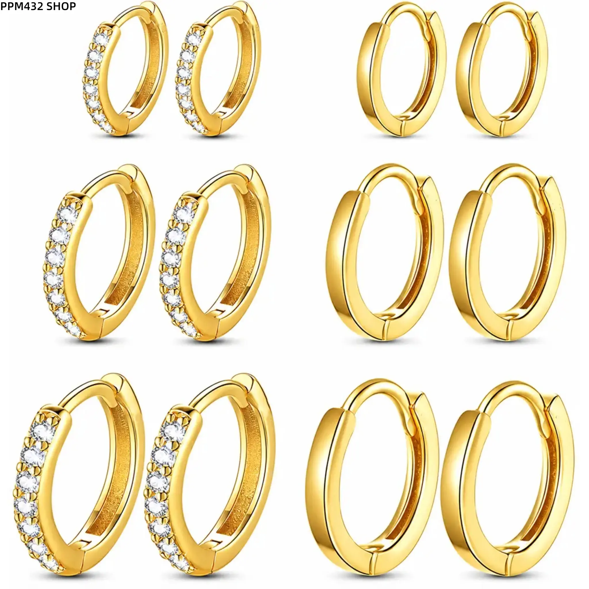14K Gold Plated Huggie Hoop Earrings, 6 Pairs CZ Hypoallergenic Cartilage Earrings for Women Men, 8mm 10mm 12mm Small Hoop Studs, Stackable Ear Jewelry for Daily Wear, Parties and Vacations