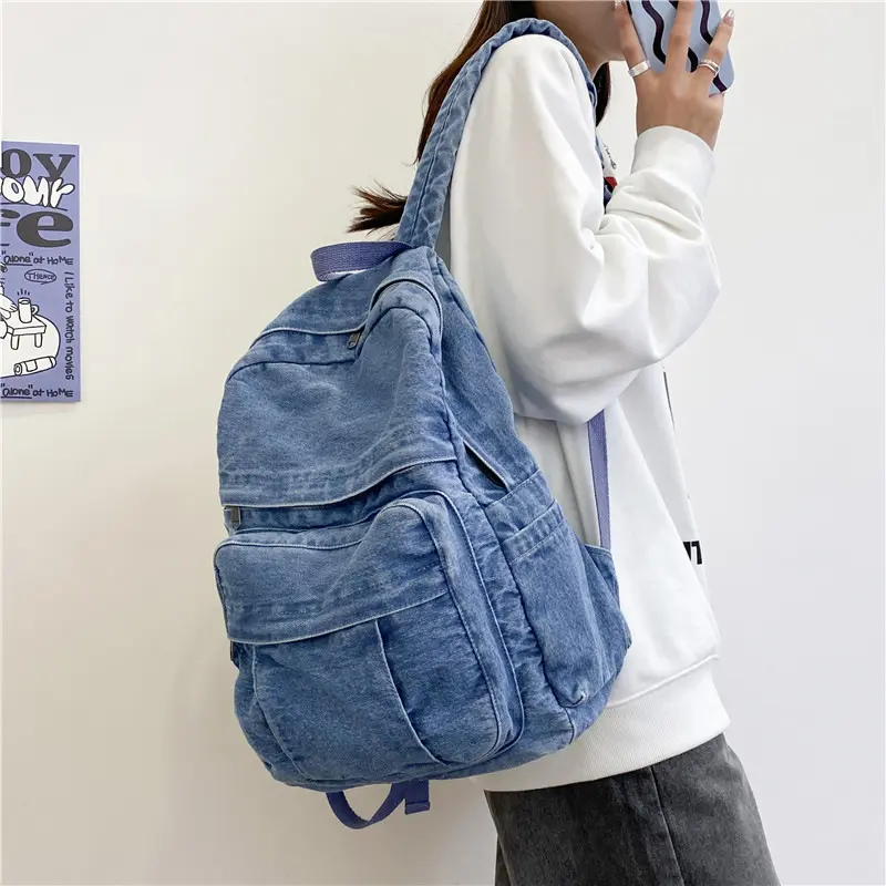 Unisex Vintage Denim Backpack - Minimalist, Lightweight, High-Capacity Solid-Color Gym Bag with Adjustable Strap, Top Handle, Laptop-Carrying Feature for Casual Outdoor Sports Use, Vintage Backpack