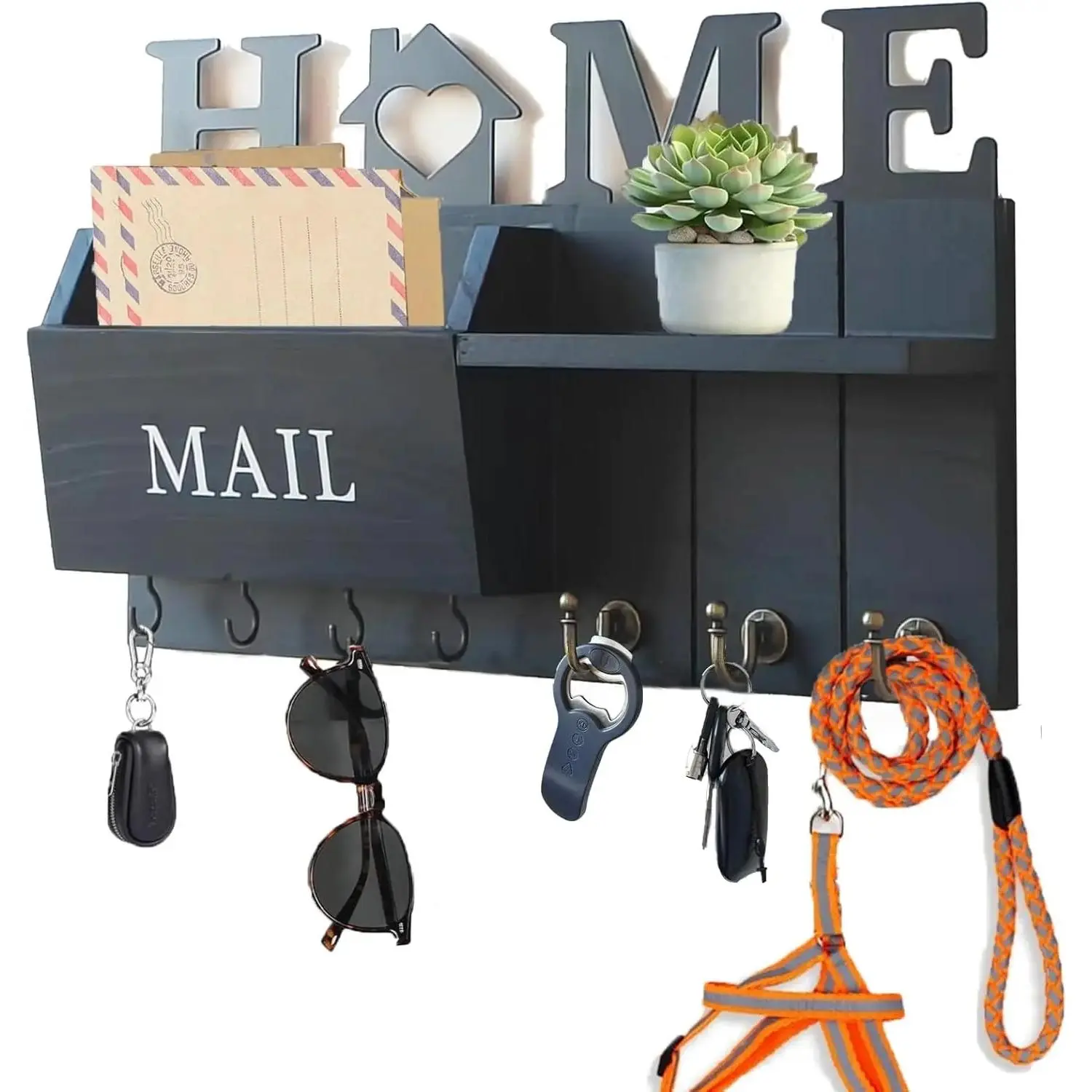 Wooden Key Holder Wall Mount with 3 Slot Mail Sorter, Farmhouse Mail and Key Organizer with 7 Hooks, Decorative Hanging Key Rack for Coat Letter  Leash Entryway Living Room