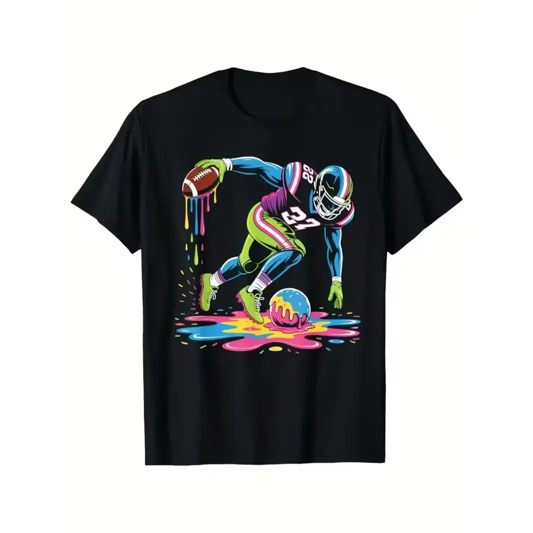 Neon Drip Football Player Sports Graphic Cotton Oversized T Shirt, Comfort Colorful Sports Fashion Outfit, Game Day Tee, Perfect Valentine Gift For Him Her, Best Football Season Birthday Holiday Present For Sports Fan Friends